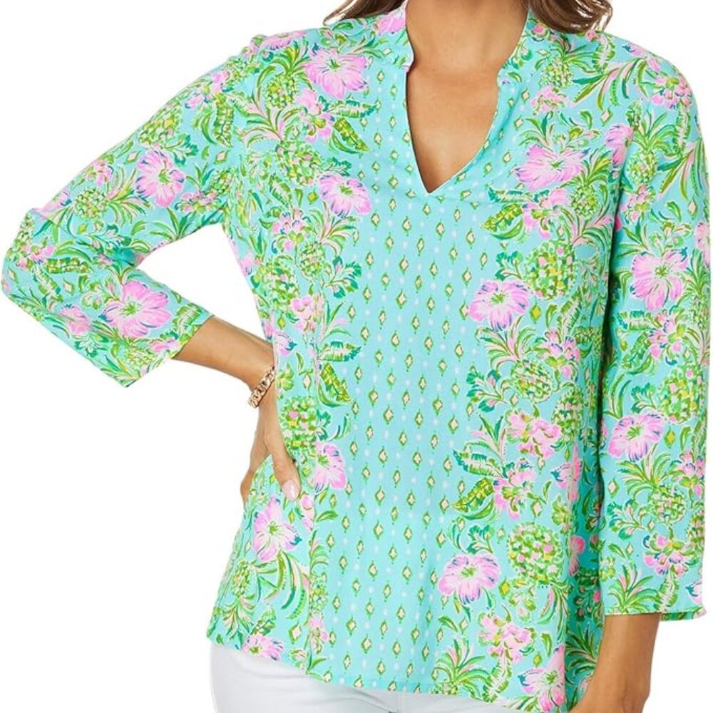 Lilly Pulitzer Aqua and Pink Floral Tunic, NWT, size XS